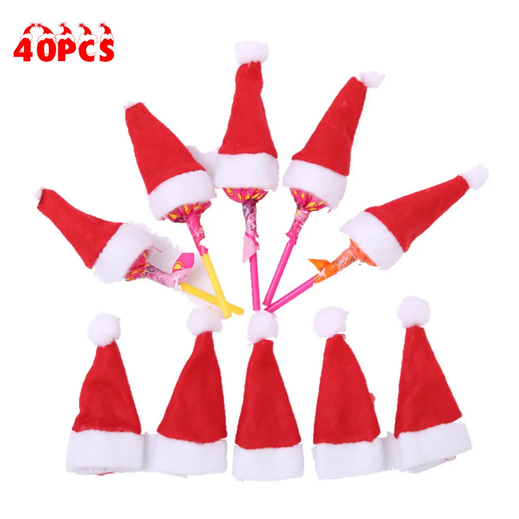 

40pcs Christmas Fork Mini Hat Lollipop Bag Pocket Red Santa Hat Anta Claus Cap Wrap Tableware For Christmas Dinner Table Decor