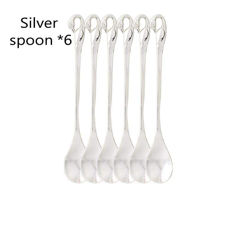 6spoon-sliver Лебедь База держатель фрукты вилки набор нержавеющая сталь салат десерт вилки ложка кофе Торт Инструменты посуда - Цвет: 6spoon-sliver