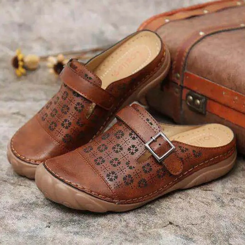 

Large size 43 women's shoes flat hollow Baotou buckle sandals 2021 African comfortable ladies slippers thick-soled slipper women