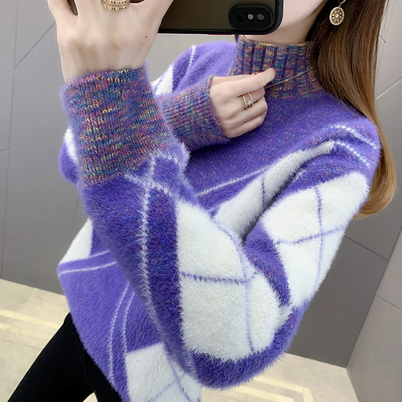 

5 Colors Women Thicken Warm Mink Cashmere Knitwear Jumper Loose Plus Size Turtleneck Knit Base Pullover Tops Spring Autumn New