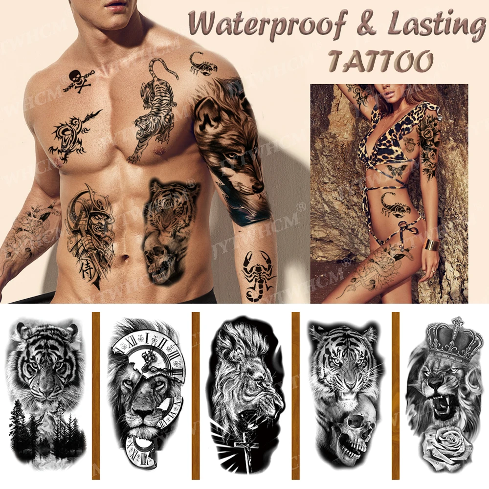 Черные водостойкие Временные татуировки 3D наклейки стойкие змея тигр волк Лев
