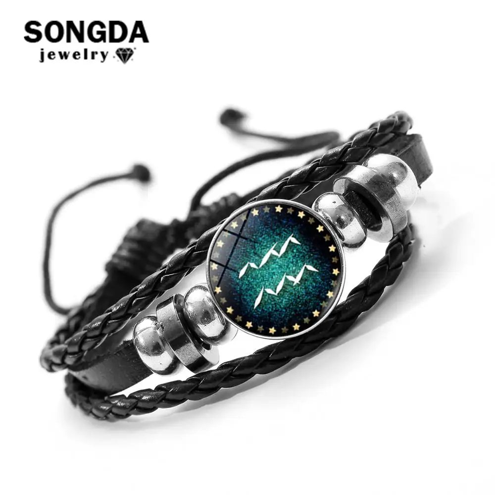 SONGDA 12 созвездий Зодиака Знаки зодиака черный плетеный кожаный браслет