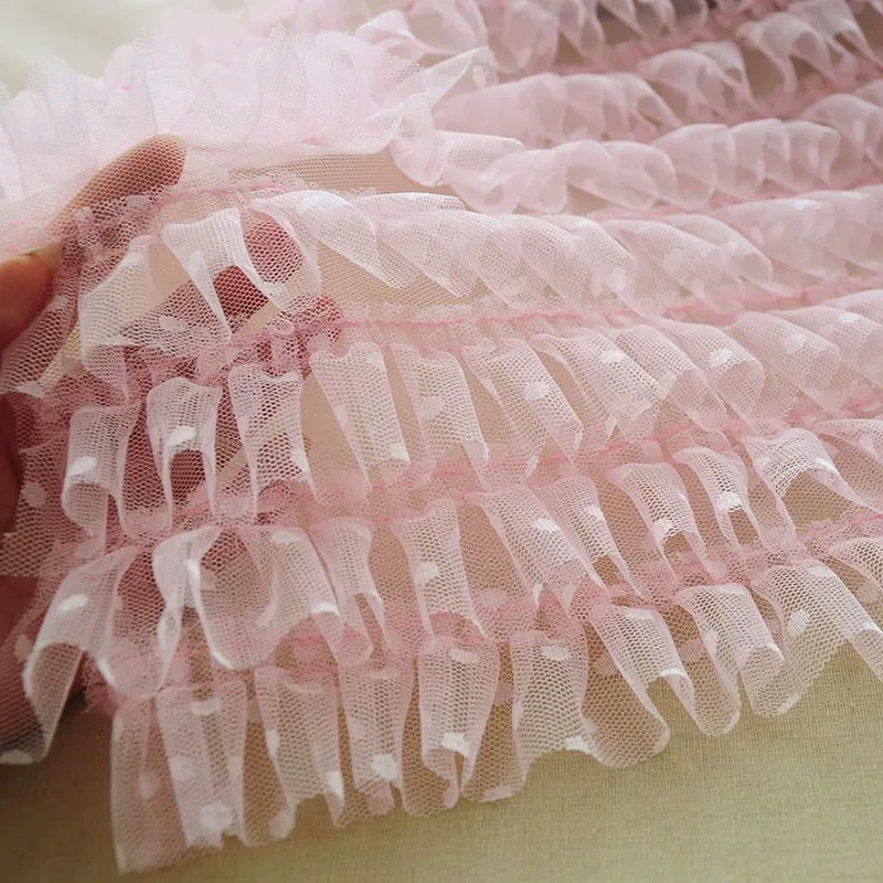 Кружевная ткань 2 м 40 см широкая с оборками подол в горошек плиссированная