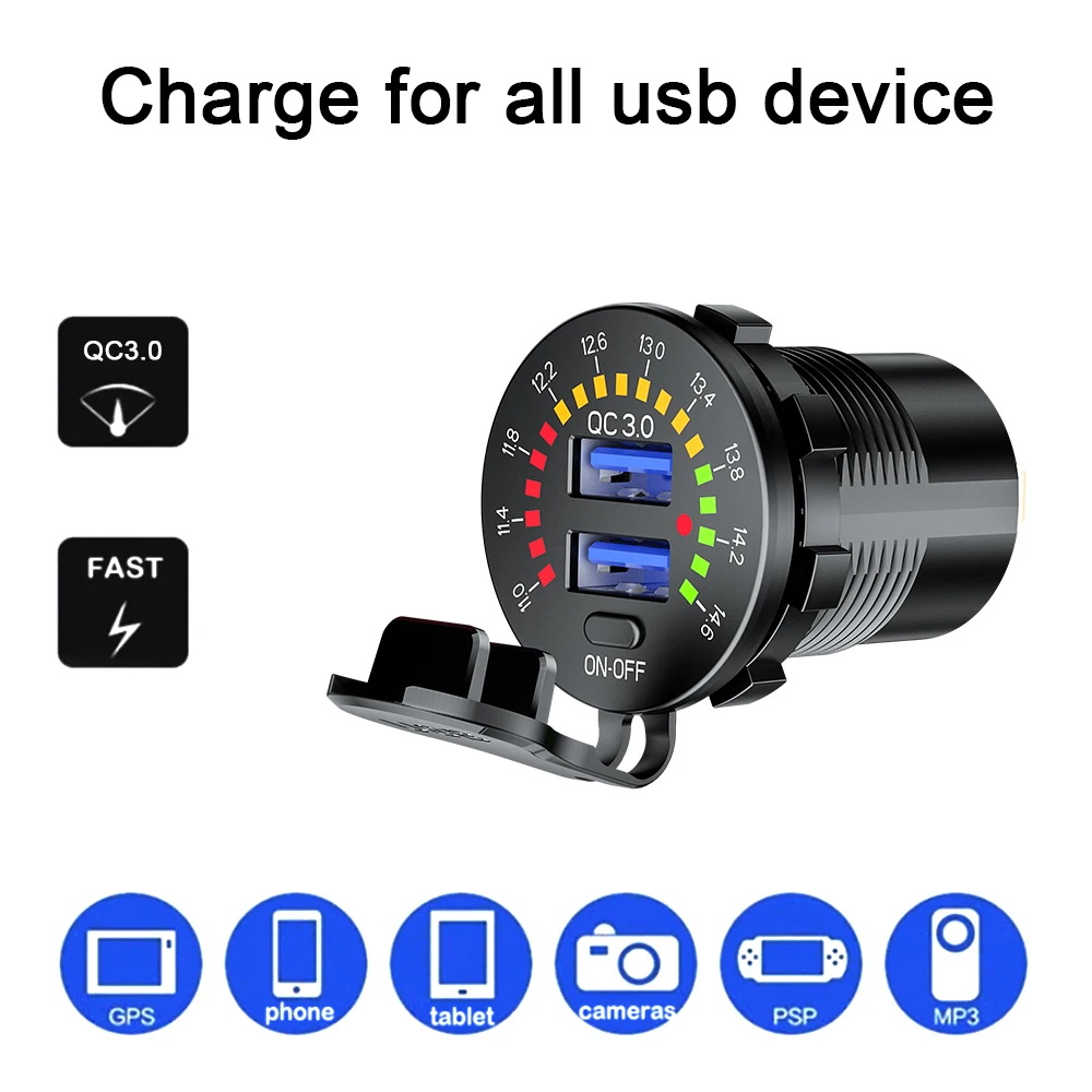 

24V 12V Dual USB Chargers 3.0 Car Accessories Interior LED Voltmeter Colorful Voltage Display ON OFF Switch
