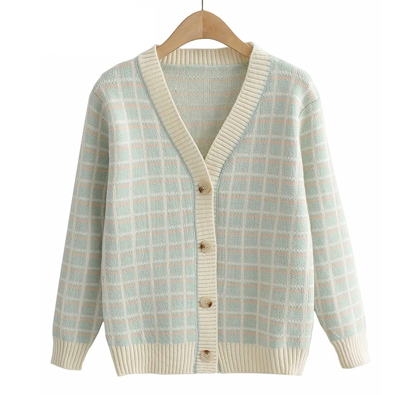 

Autumn Winter New Plaid Knitted Cardigan For Women 2021 Soft V Neck Loose Woman Sweaters Knitwear Coat Knit Jacket For Winter