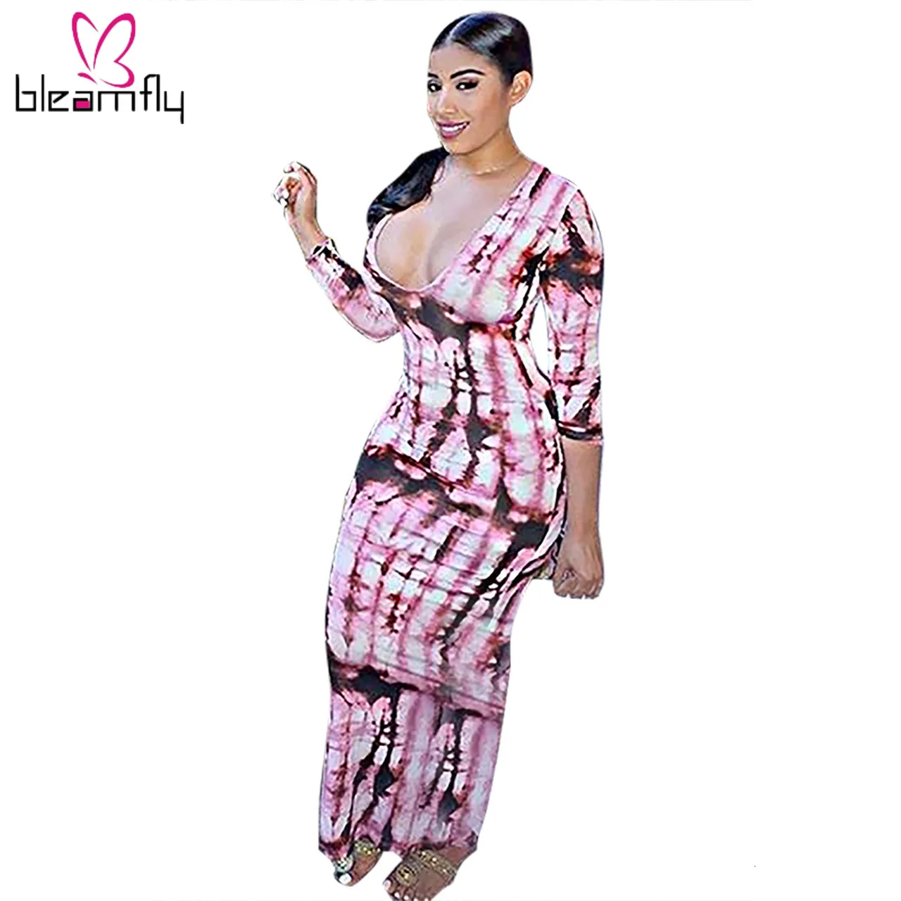 Новинка 2019 женское осеннее платье с высоким разрезом принтом в полоску длинным