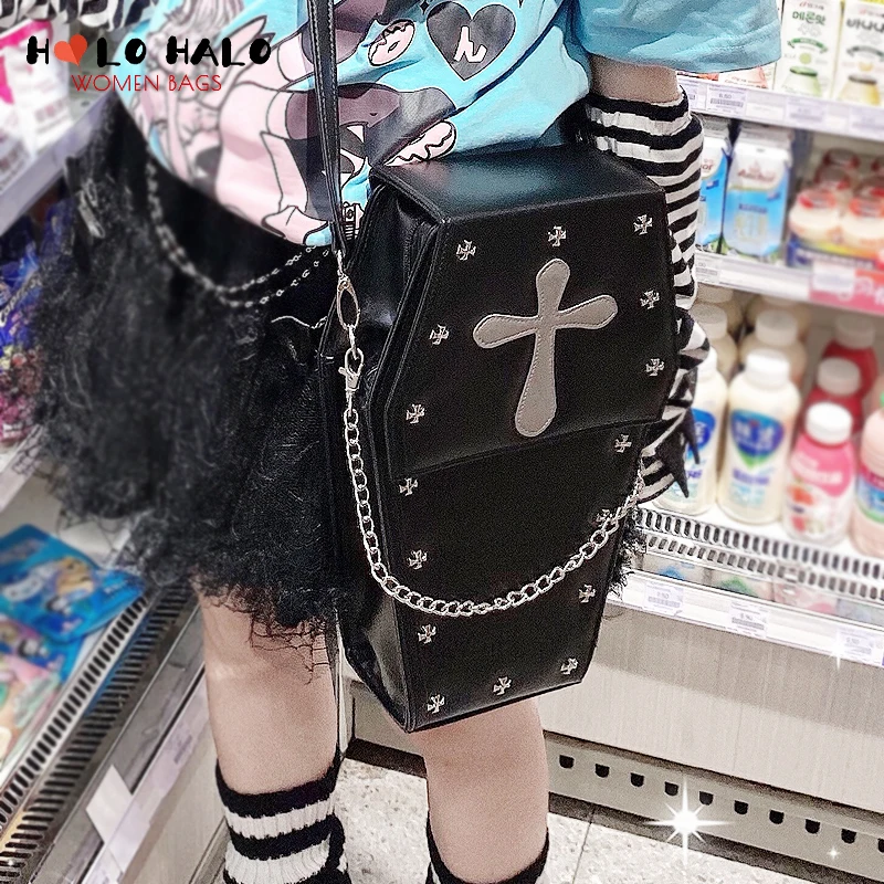 Punk Goth Style Women's Backpack Coffin Shape Lolita School Bags for Teenagers Girls Student Bookbag Female Black Backpack 2021