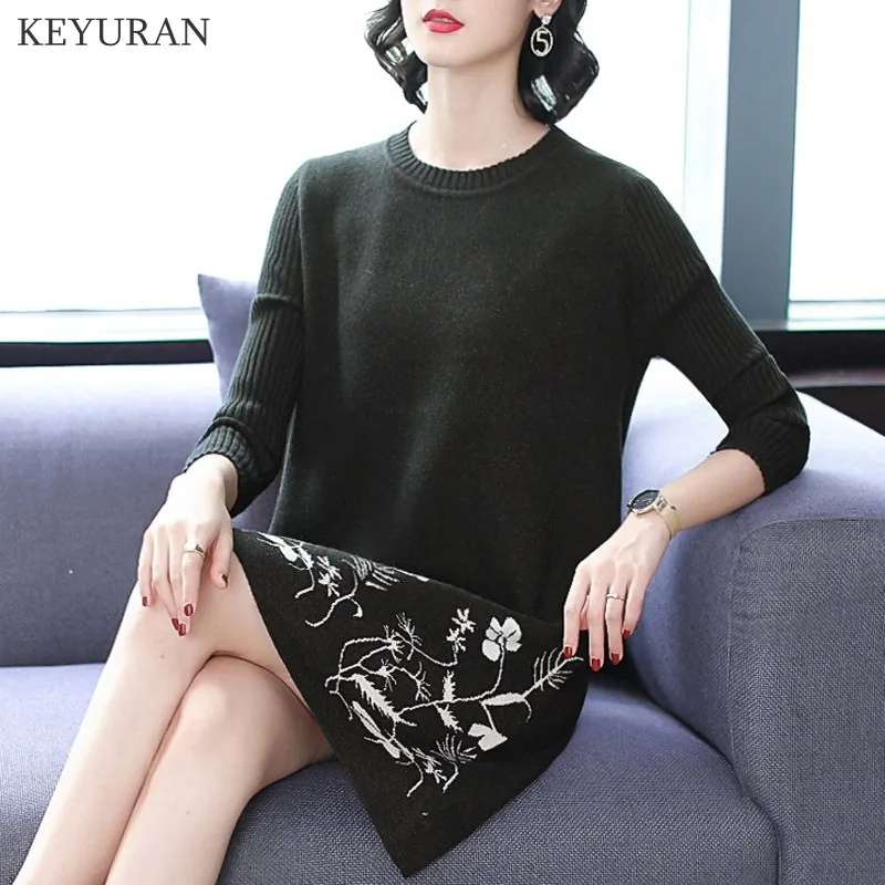 Цветочный жаккардовый свитер платье 2019 женская мода Осень-зима ВЯЗАННЫЙ ПУЛОВЕР