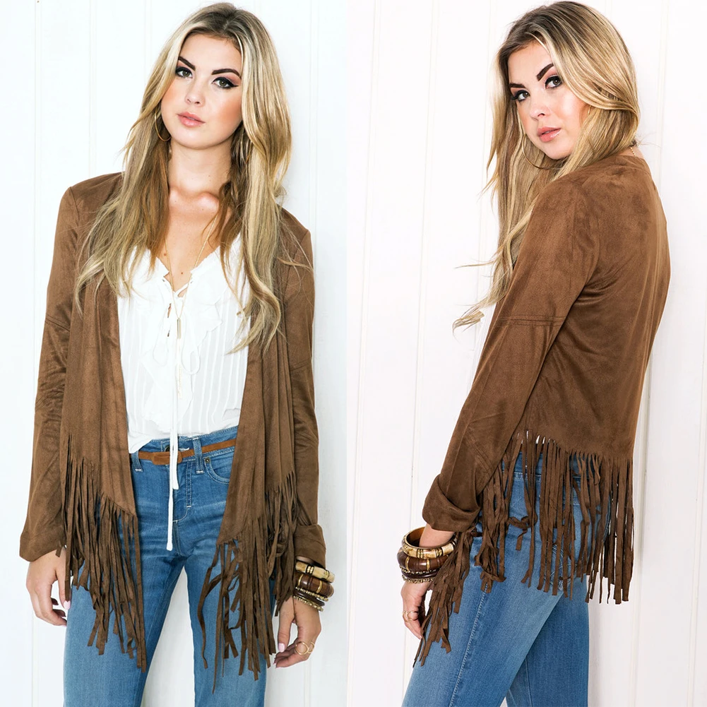 

Tassels fringed hem long sleeved cardigan jacketoutwear small coat for women
