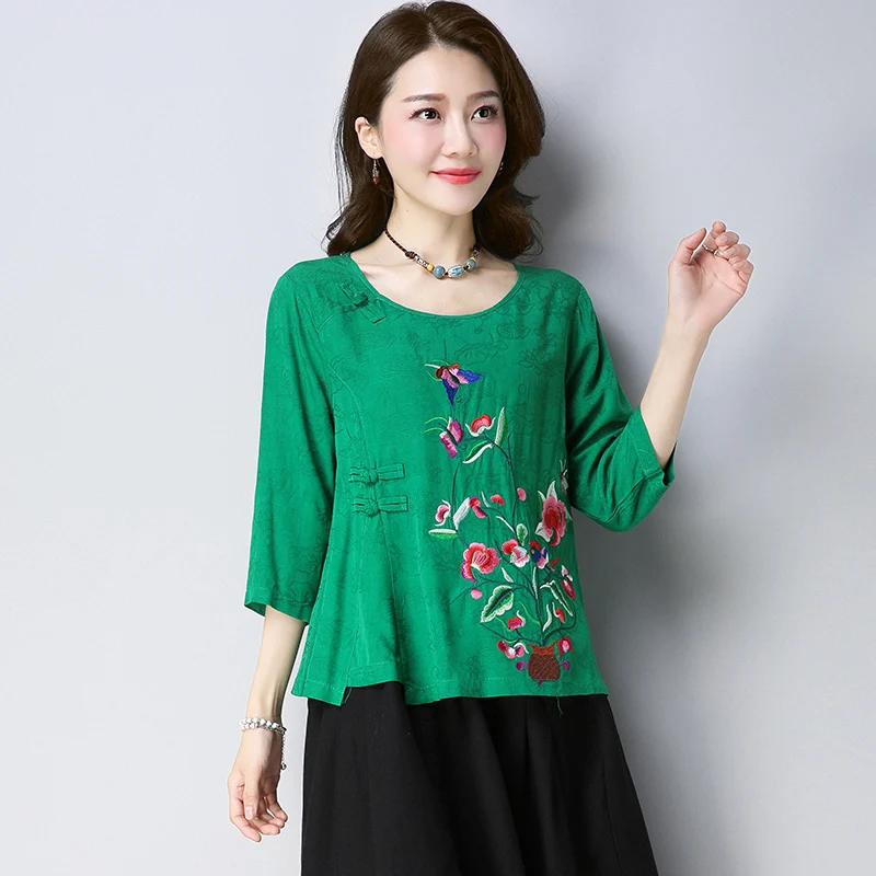 Summer Chinese Style Women Black Green Embroidery 3/4 Sleeve Linen Top Blouse Shirt , Woman Clothes , Womens Shirts