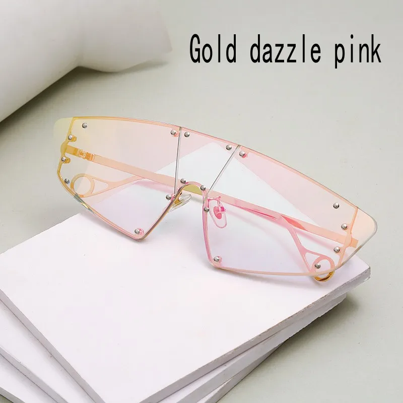 Gold dazzle pink JASPEER, модные солнцезащитные очки Rihanna, женские, Ретро стиль, зеркальные, мужские, оттенки, без оправы, очки, люксовый бренд, металлические заклепки, тренд, женские очки - Цвет линз: Gold dazzle pink
