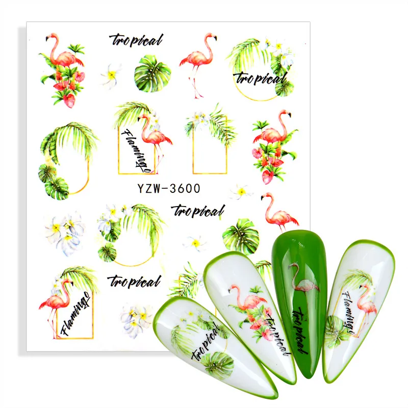 

2022 NEW Water Nail Sticker Flower Leaf Tree Green Simple Flamingo Style Slider for DIY Manicure Nail Art Watermark Tattoo Decal