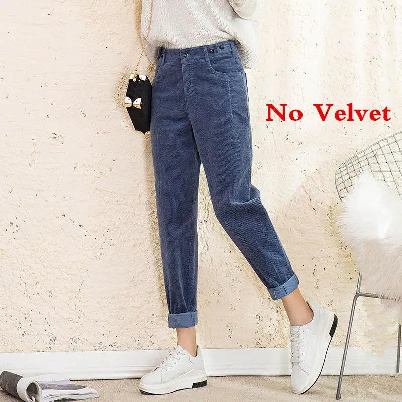 blue no velvet Новые женские вельветовые шаровары осенние штаны с высокой талией длинные бархатные брюки свободные черные брюки женские зимние спортивные брюки C5803 - Цвет: blue no velvet
