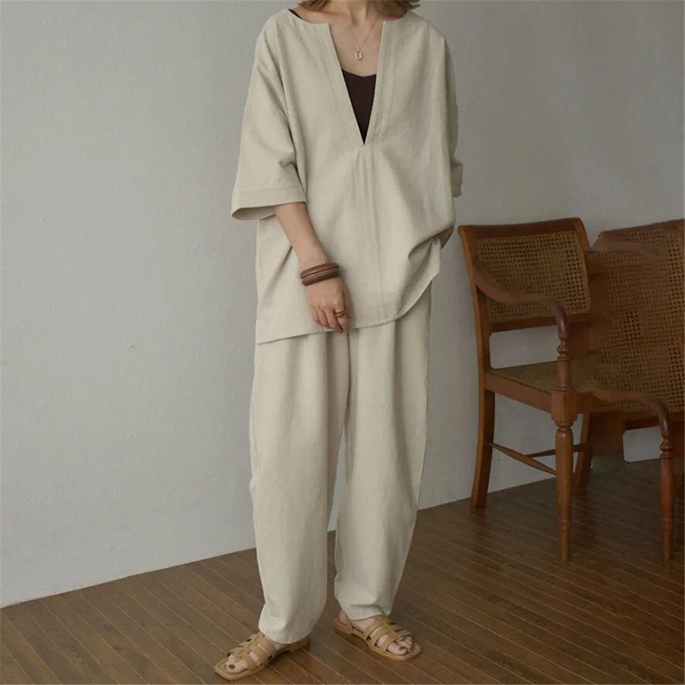 

Women's Suit Oversize Blouse V Neck Loose Shirt Half Sleeve And Loose Long Pants Plain Fashion Korean Trouser Suits Setup