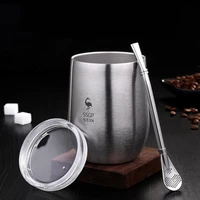 1set 377ml double wall 304 stainless steel cup tea mug with lid heat resistant portable beer cup with spoon straw