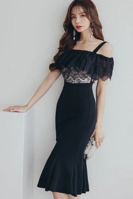 

COIGARSAM Patchwork Women dress New Summer Lace Slash neck Spaghetti Strap Dresses Black 0107