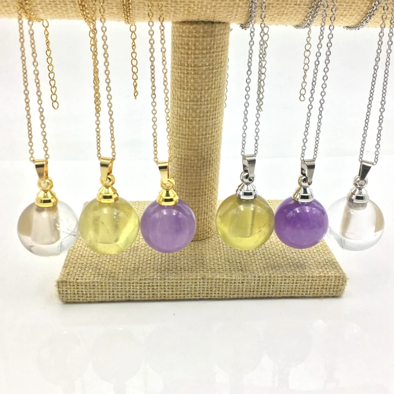 

Natural Ball Shape Perfume Bottle Pendant Amethysts Essential Oils Diffuser Clear Quartz Magical Medicine Vial Citrines Necklace