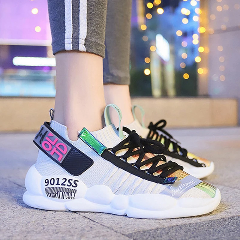 Женские дышащие кроссовки Flyknit; Повседневная обувь для бега и занятий теннисом; прогулочная обувь с высоким низким верхом