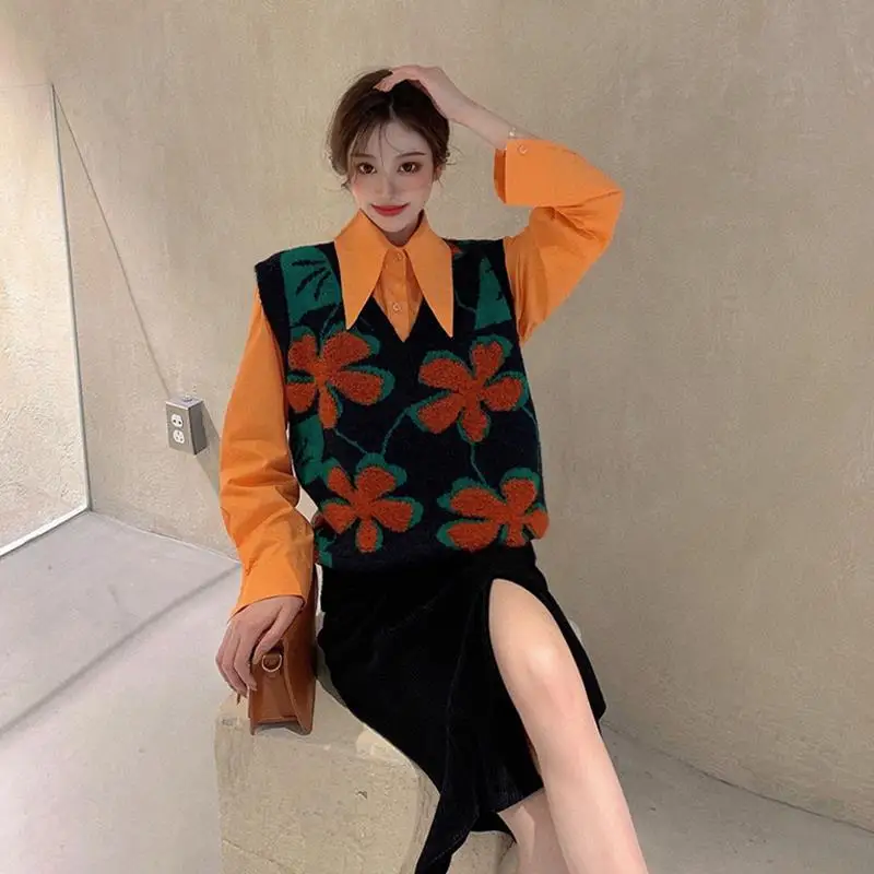 

Gilet Femme Elegant Sweater Vest Retro Flower Embroidery Loose V Neck Knitting Sweaters Women Knitwear Autumn Winter Streetwear