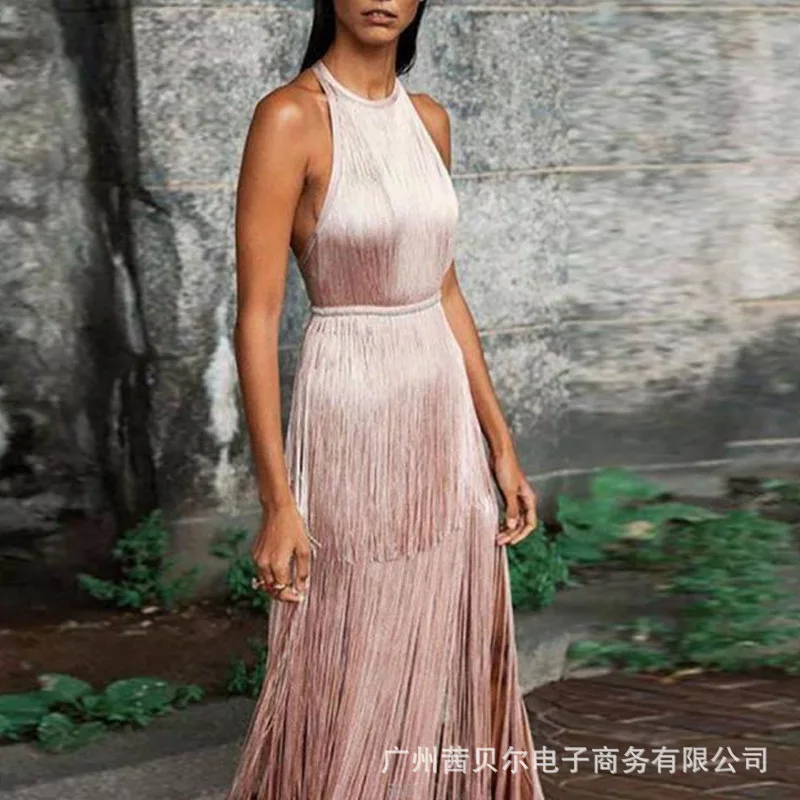 

2021 new ladies sleeveless tassel dress banquet dress