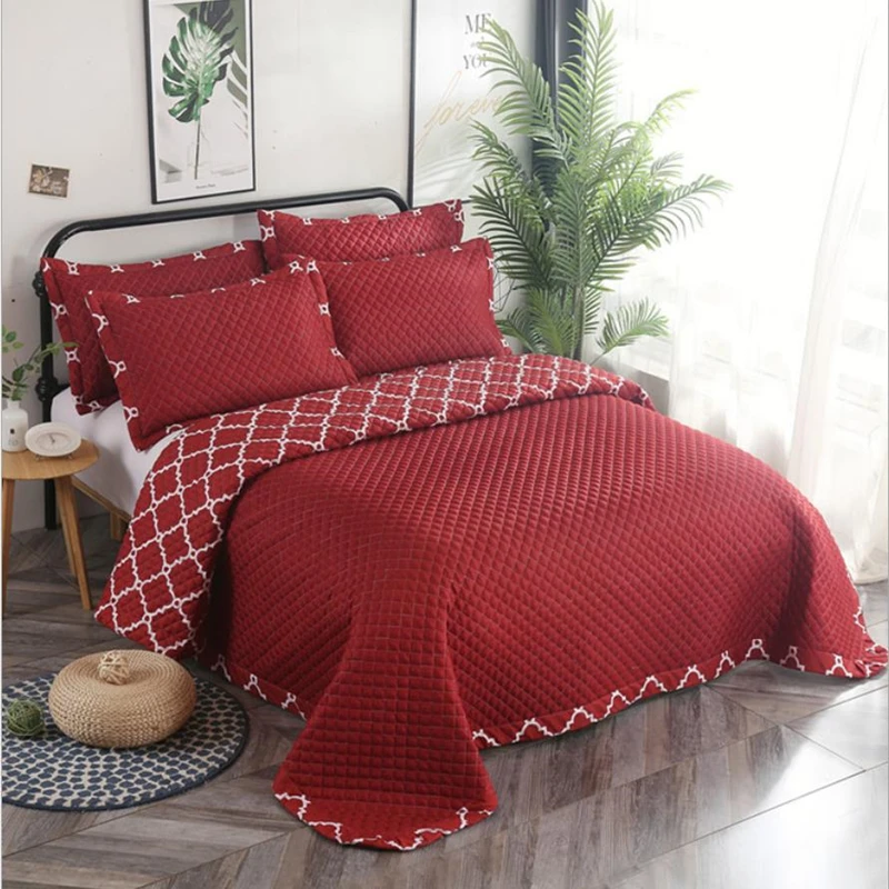 

3pcs Bed cover wine red Bedspread European style Bedding set Grey/coffee/Purple Quilt Quilting Blanket Pillow cases