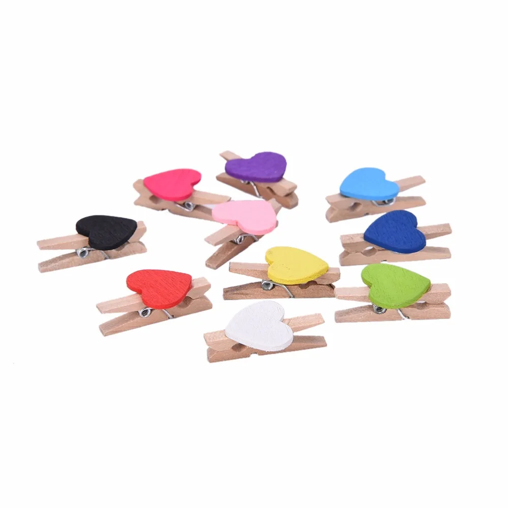 

10PCS Mini Colorful Hearts Wooden Clothes Photo Paper Peg Clothespin Laundry Hangers Wedding Party Natural Clip