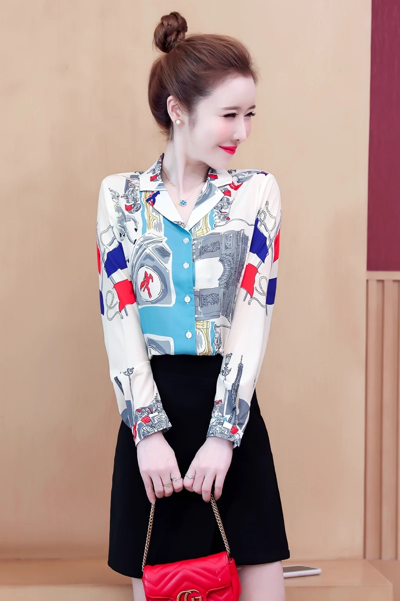 

Houthion New Long-sleeved Blouse Suit Collar Shirt Printing Casual Fashion Tops Summer Plus Size Silk Dropshipping