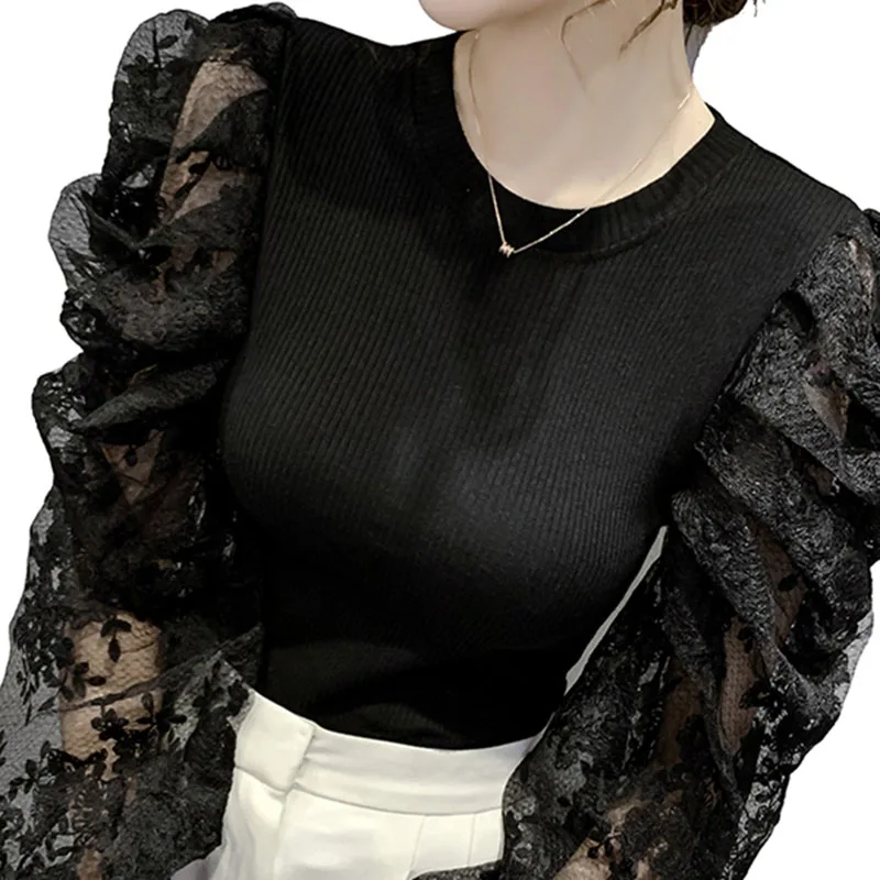 

Spring Autumn Women's Blouse European Style Lace Lantern Sleeve Stitching Top New Long-sleeved Slimming Female Tops LL