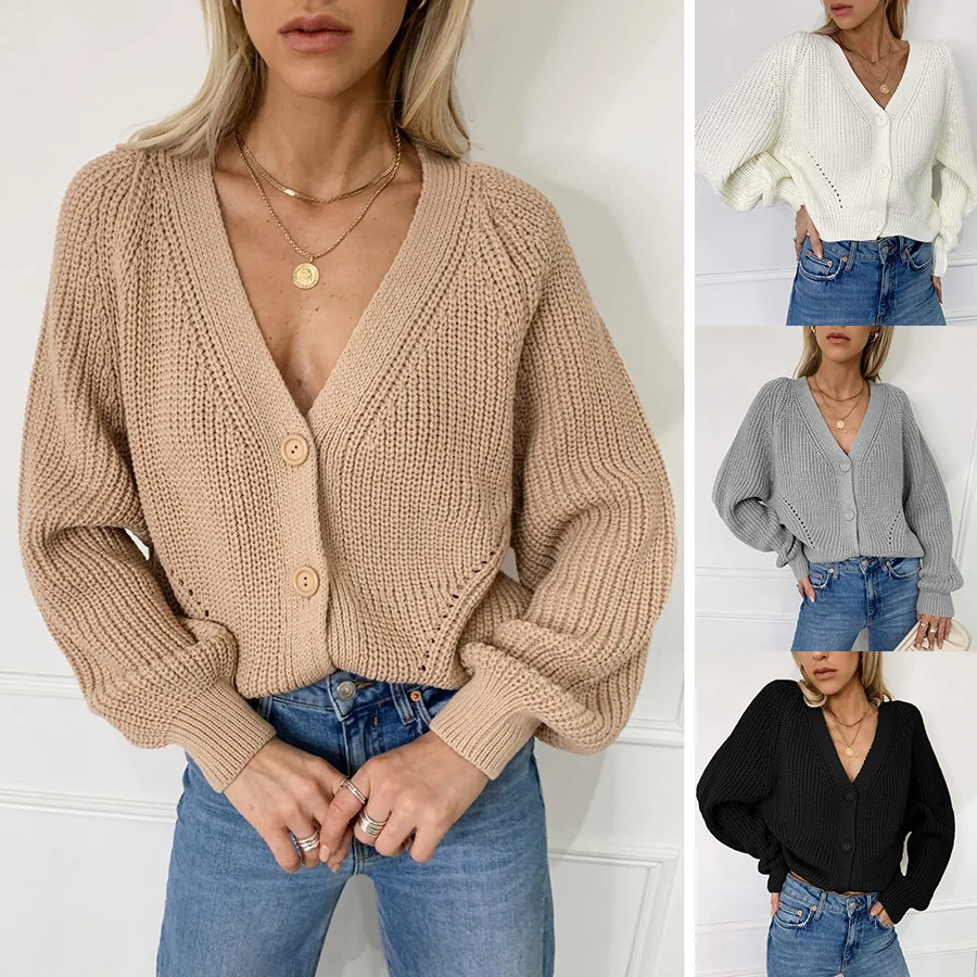 

Knit Women Sweater Solid Color Cardigan V Neck Loose Button Coat Long Sleeve Top Wild Casual Femme Autumn Clothes Ropa Mujer