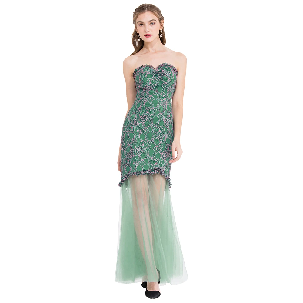 

Angel-fashions Women's Strapless Lace Floral Splicing Illusion Tulle Maxi Mermaid Evening Dress Elegant Light Green 435