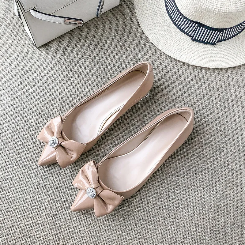 nude color EGONERY/Новая модная зимняя женская обувь на плоской подошве; удобная женская обувь из натуральной кожи с бантом и кристаллами; Прямая поставка; размеры 34-39 - Цвет: nude color