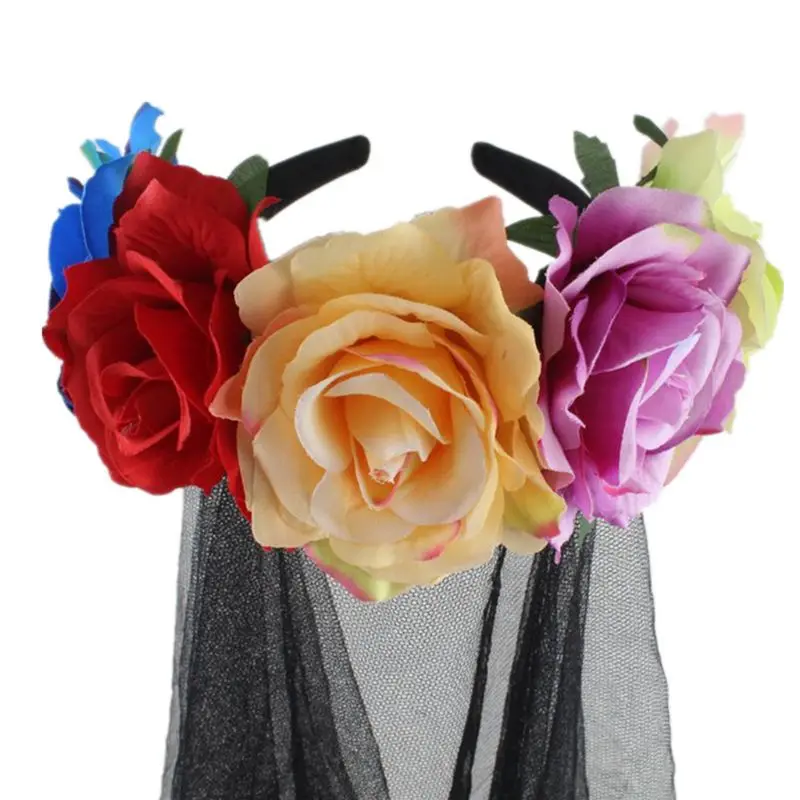 

Womens Halloween Costume Headband Artificial Rose Flowers Crown Tulle Veil Garland Party Wedding Festival Photo Props Wreath