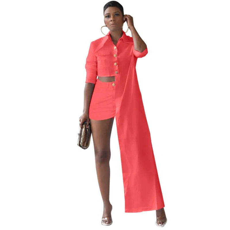 

Adogirl Asymmetrical Shirt Shorts Casual Two Piece Set for Women Button Up Turn Down Collar Long Sleeve Blouse Autumn Suit