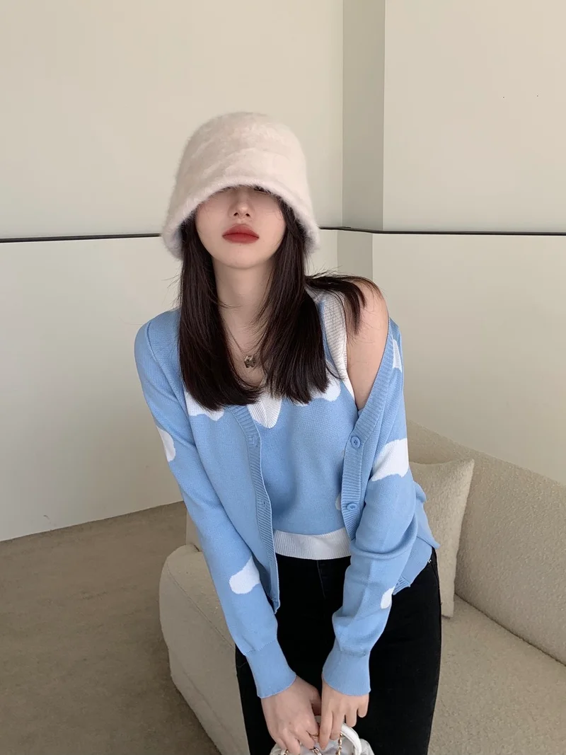 Korejepo Two Piece Set Sweater Women Spring and Antumn 2022 New Contrast Jacquard Short Cardigan Knitted Vest Suits |