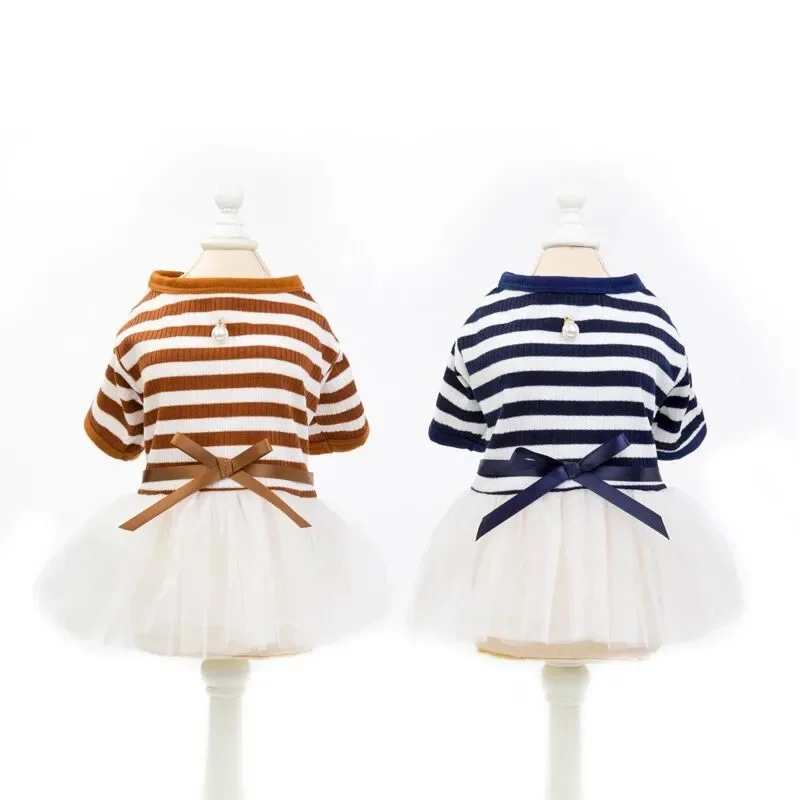 

Summer Bow Stripd Puppy Skirt Pet Princess Wedding Dresses Girl Clothes For Small Dogs Suit For Chihuahua Yorkies Fancy Dress