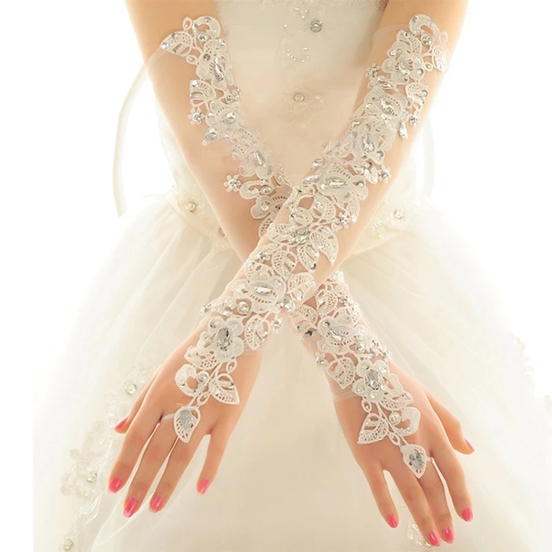 Opera Length Long Wedding Dress Gloves Crystals Diamond Gauze Embroidery Elegant Womens Lace Bridal Gloves Wholesale Cheap Price