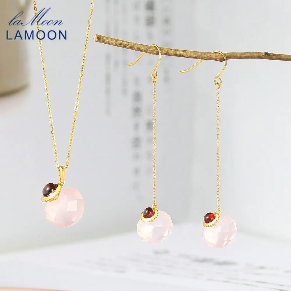 LAMOON 925 Silver Gemstone Jewelry Set  For Women Crystal Ball Natural Big Rose Quartz Garnet 14K Gold Plated Fine Jewelry V091