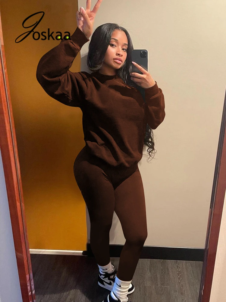 

Joskaa/Однотонная футболка с длинными рукавами и круглым вырезом и брюки-карандаш, повседневный комплект из двух предметов, женская одежда, зи...