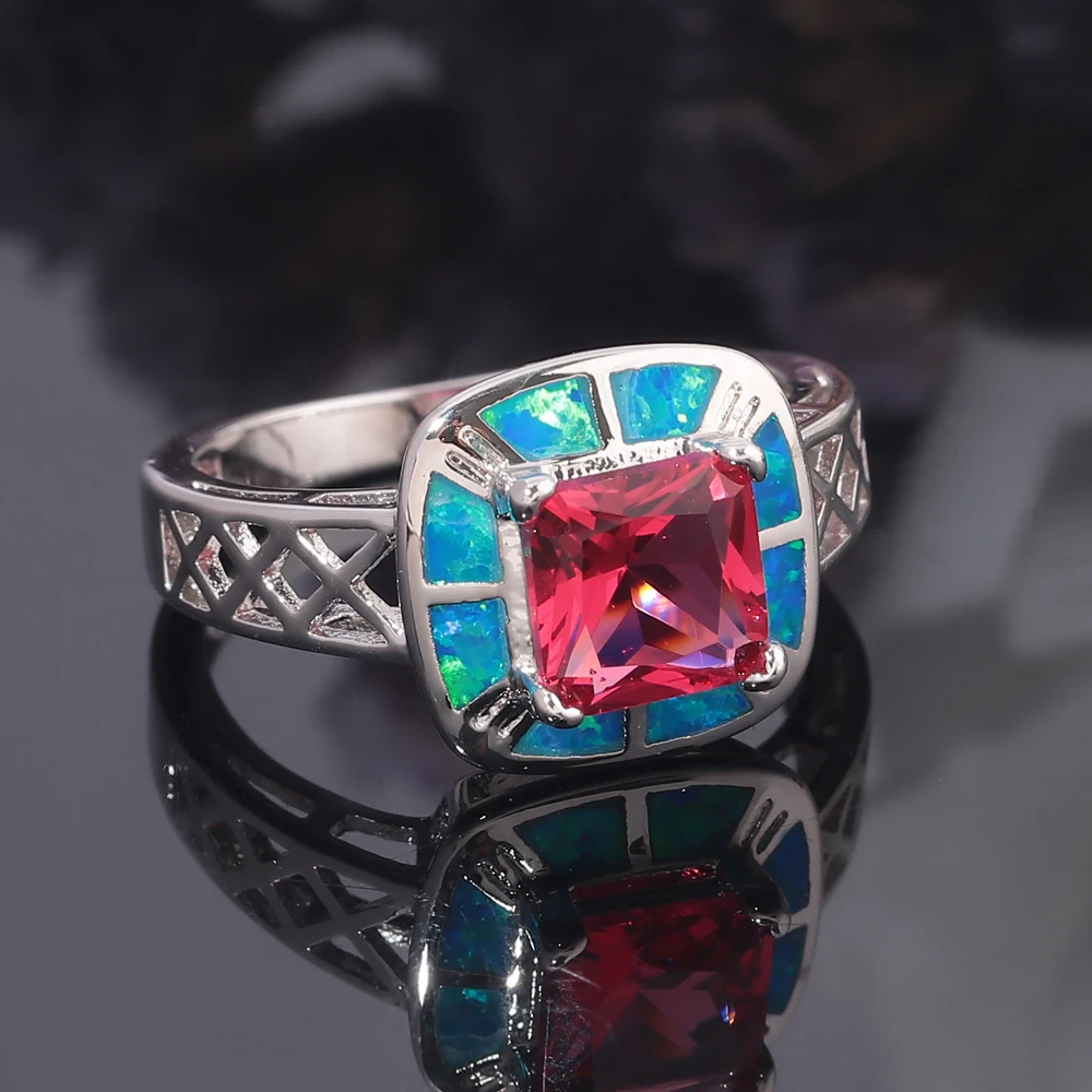 CiNily Created Blue Fire Opal Tourmaline Silver Plated Wholesale Square Shape for Women Jewelry Gift Ring Size 6-9 OJ9313 | Украшения и