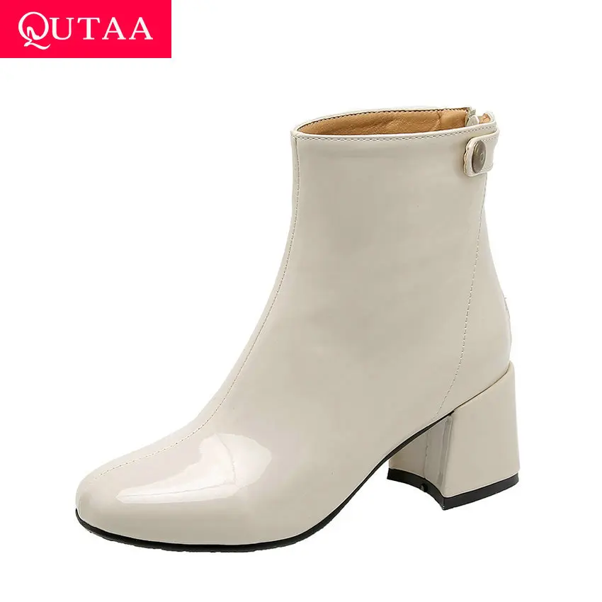 Женские ботильоны из лакированной кожи QUTAA черные на высоком квадратном каблуке