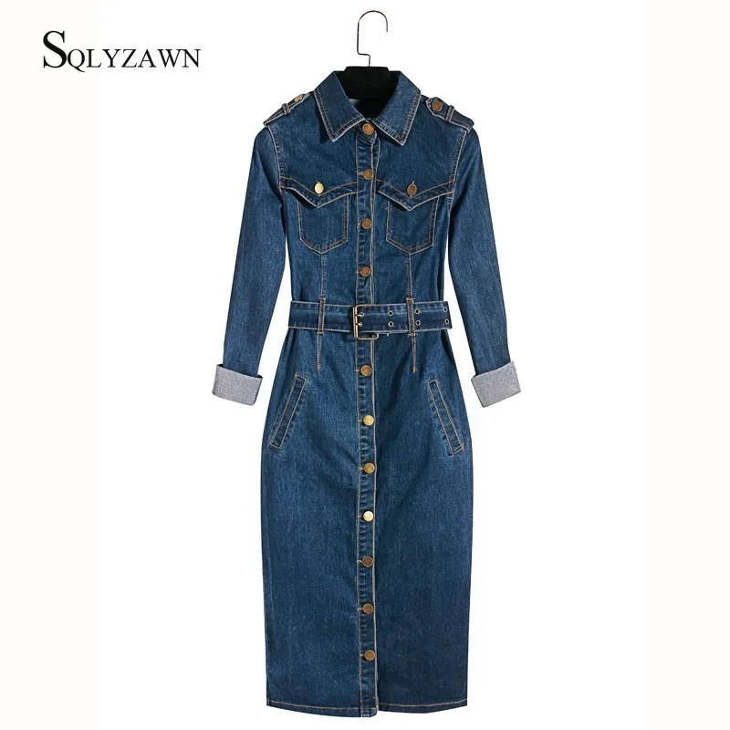 

Women Autumn Medium Length Denim Trench Coat Long Sleeve Vintage Casual Female Jeans Windbreaker Pencil Dress with Belt Overcoat