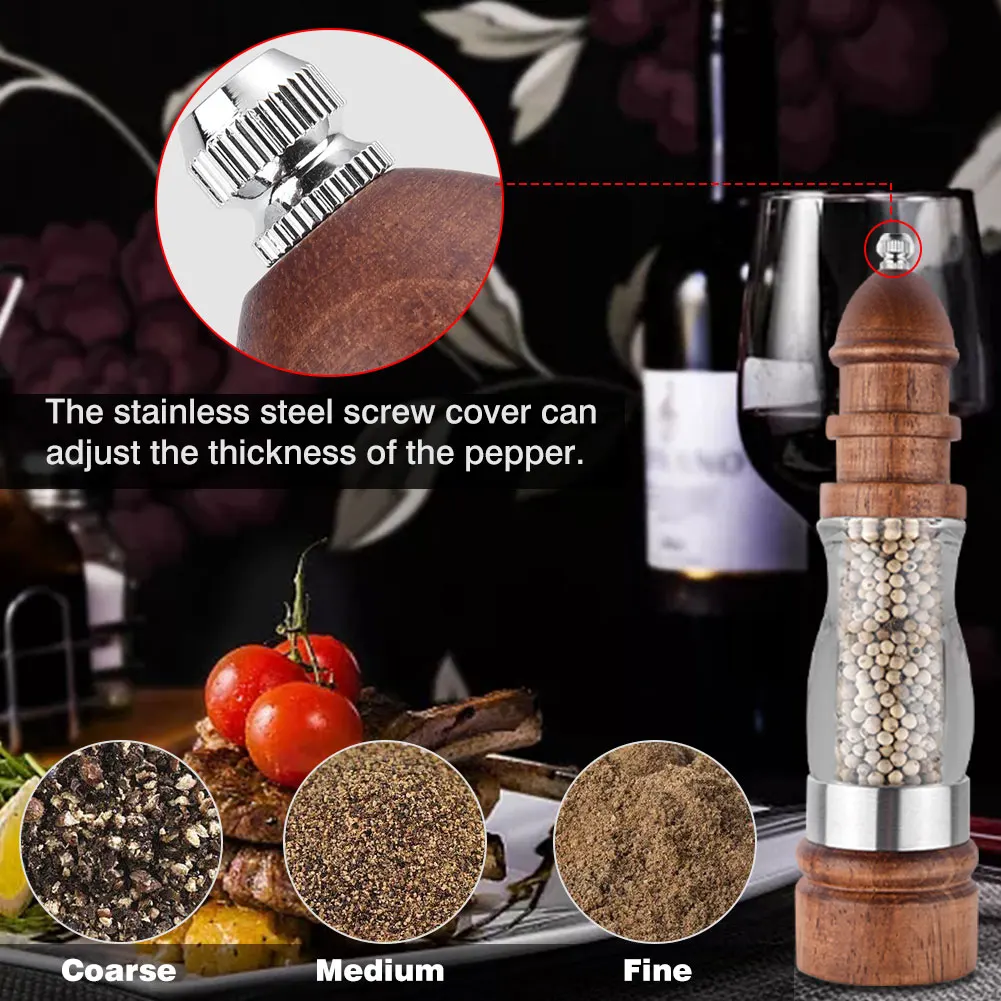

8 Inch Antique Pepper Salt Mill Grinder Solid Wood and Acrylic Bottle Hand Ceramic Grinding Mechanism Spice Peper Kitchen BBQ Mi