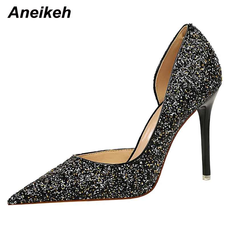 

Aneikeh Fashion Cotton Fabric Bling Summer Shoes For Women Sexy Slip-On Thin Heels High Pumps 2022 NEW 9.5CM Pointed Toe Shallow