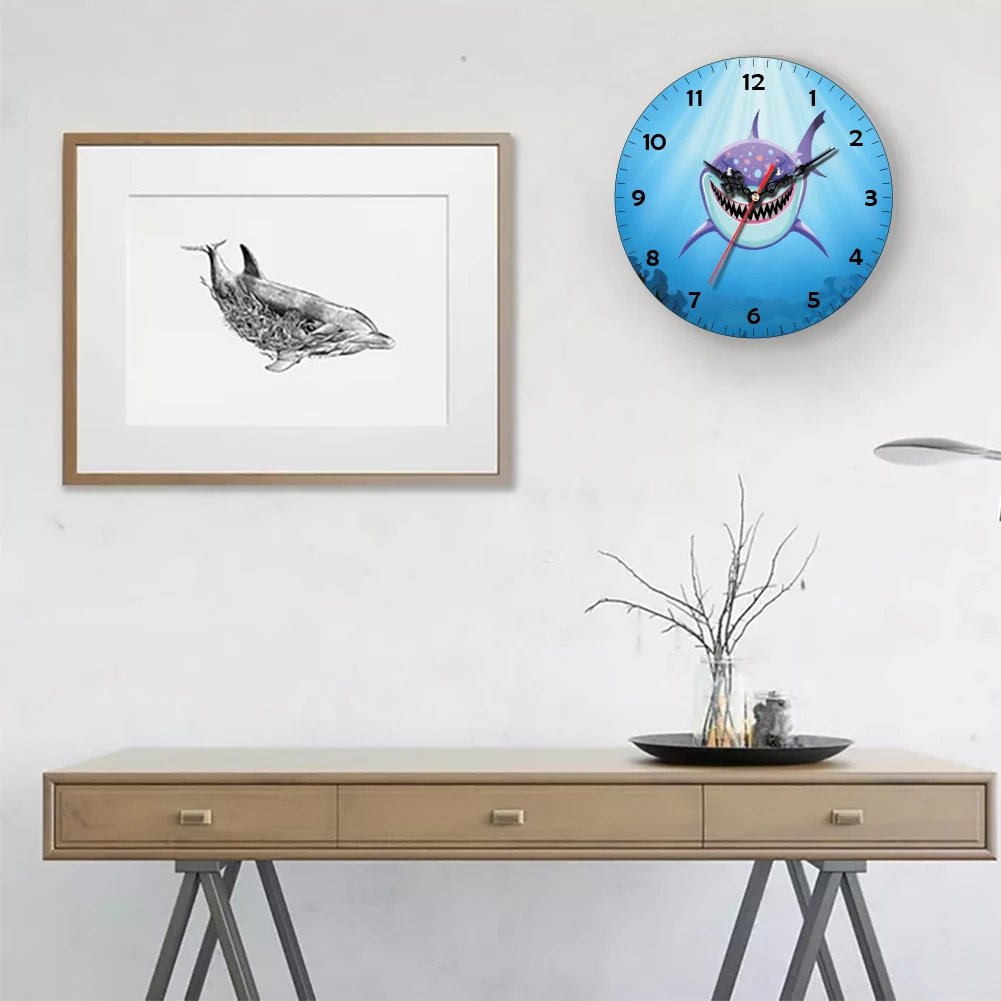 

Ultra-Quiet Creative Blue Fierce Shark Pattern Clock Classic Arabic Numerals Durable Wooden Wall Mounted Home Kitchen Decoration