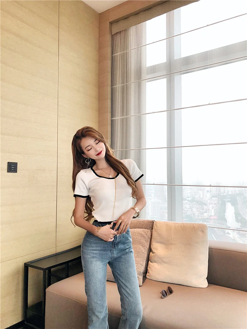 Kpop Blackpink JENNIE/уличная футболка с круглым вырезом Женский костюм из двух предметов, топ и штаны, женский корейский сексуальный тонкий комплект из 2 предметов