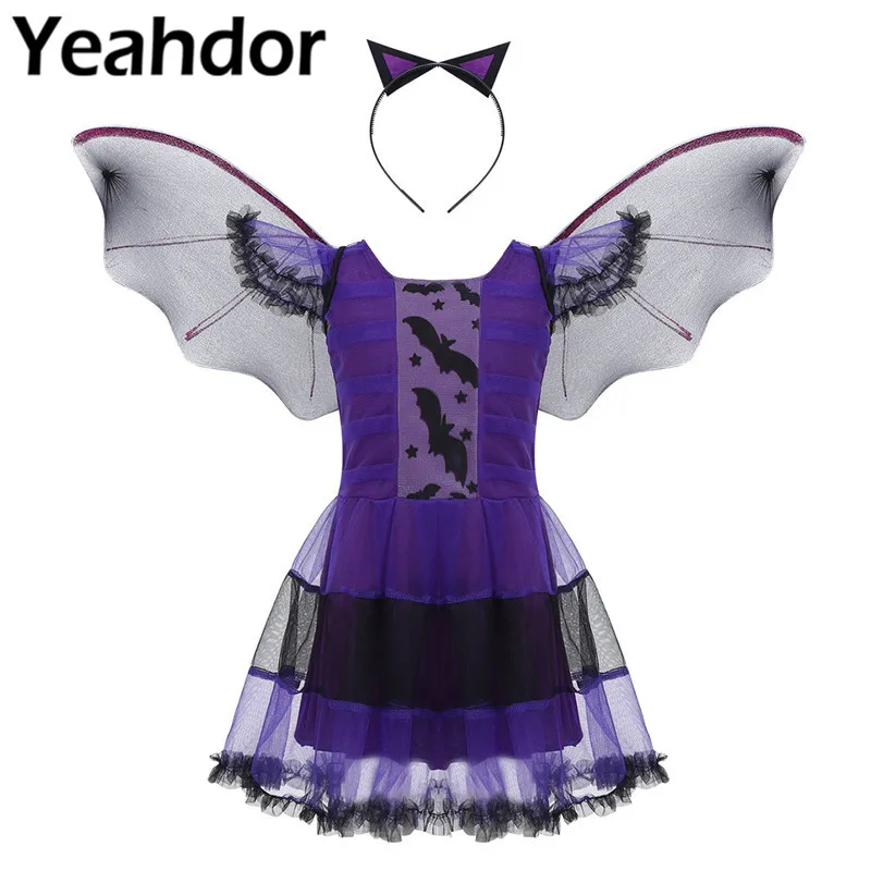 3 шт. детские платья для девочек на Хэллоуин косплей фиолетовая летучая мышь