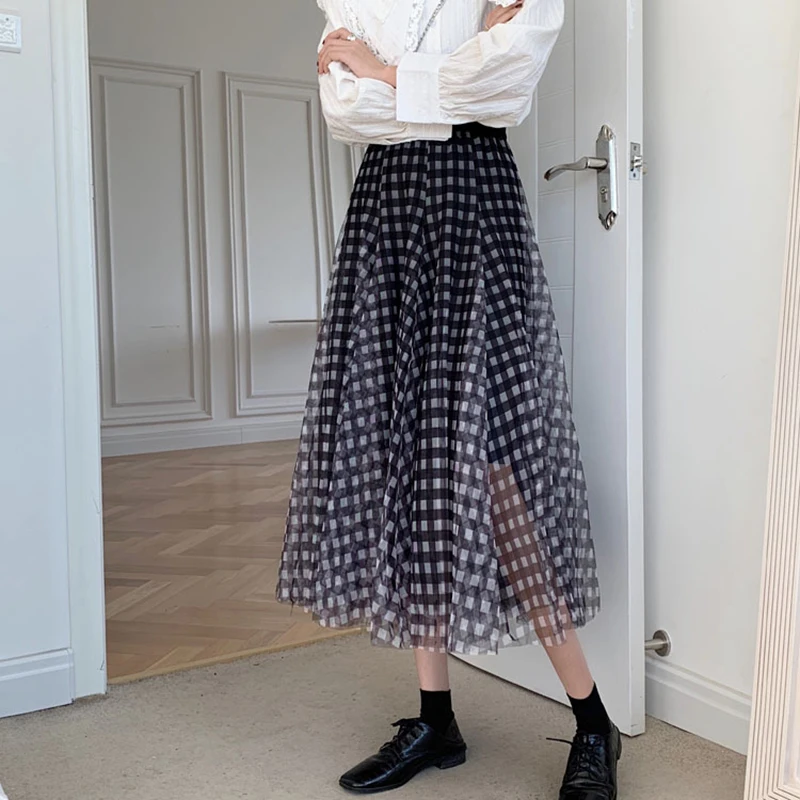 

Plaid Mesh Skirts Women Elastic Waist Long Midi Skirt A-Line Spring Summer Skirt Vintage Harajuku Loose Office Lady Casual Z139