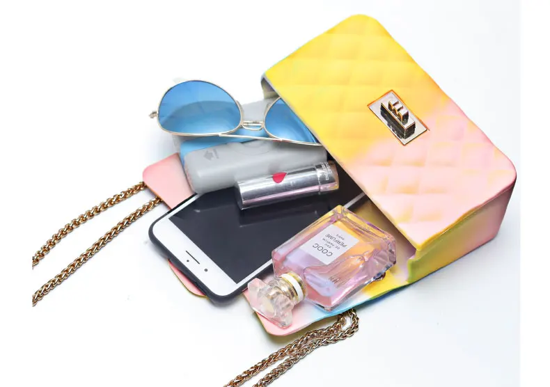 New Jelly Small Square Bag Clutch Purse Women's Bag Messenger Bag Gradient Rainbow Rhombic Chain Shoulder Crossbody Bag