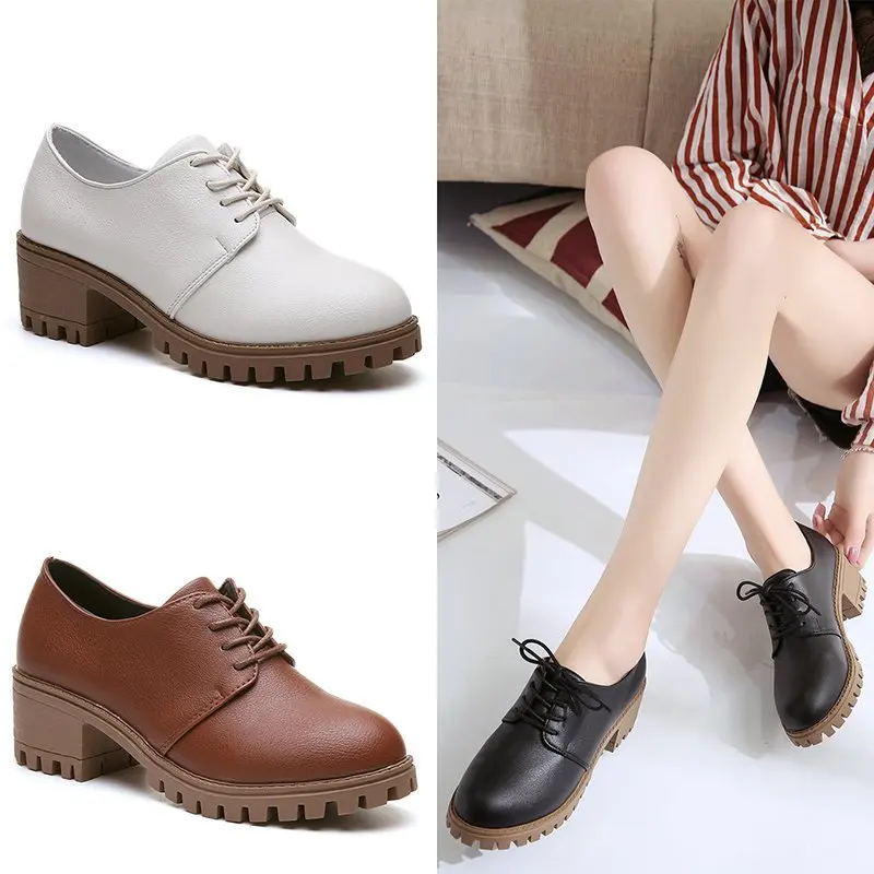 

New Round Toe Leather Square Heel Lace-Up Mary Janes Platform Pumps Women Low Heel Oxford Shoes Casual Leather Shoes