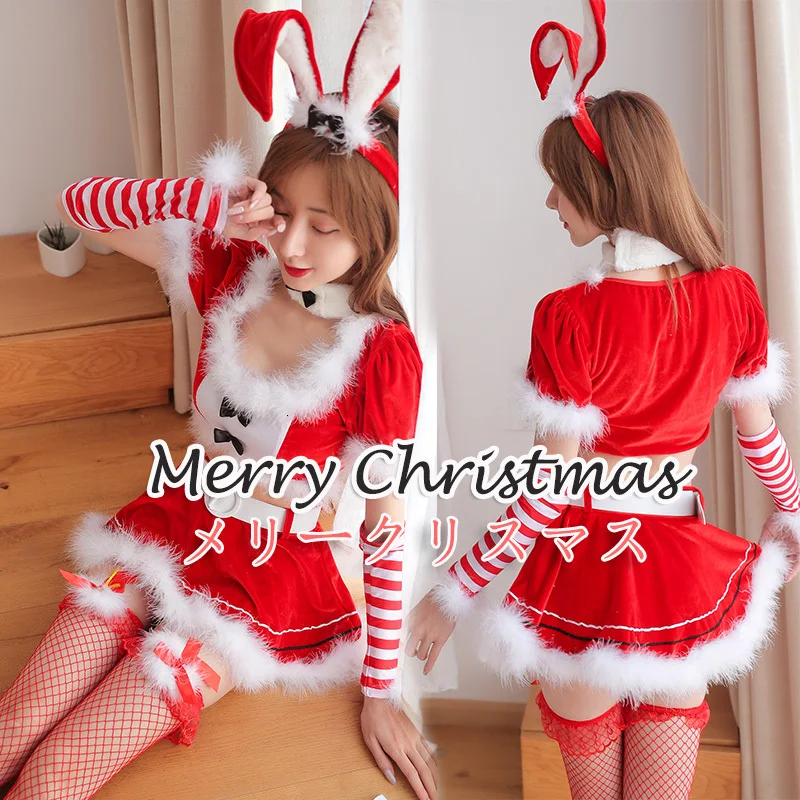 

2019 New Women Christmas Cosplay Costumes Sexy rabbit Red Lingerie Adorable Hot Erotic Bunny Girl Velvet Bodysuit